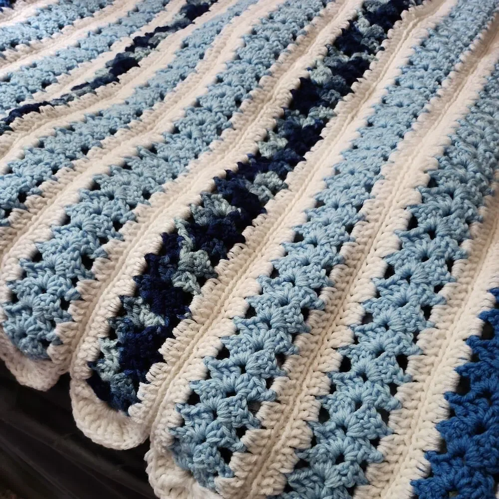 Vintage Handmade Crochet Afghan In Shades of Blue with White Edging 36x60